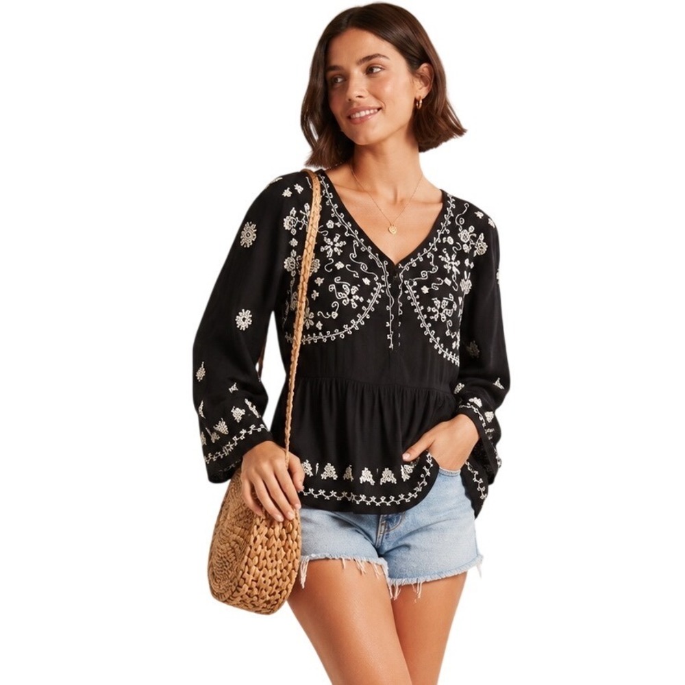 Anthropologie Meadow Rue Gardiner Henley Blouse M Black Embroidered Boho Top